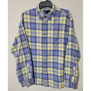 Lands' End Button Down Shirt Mens XL Plaid Flannel Blue Yellow Outdoors Spring